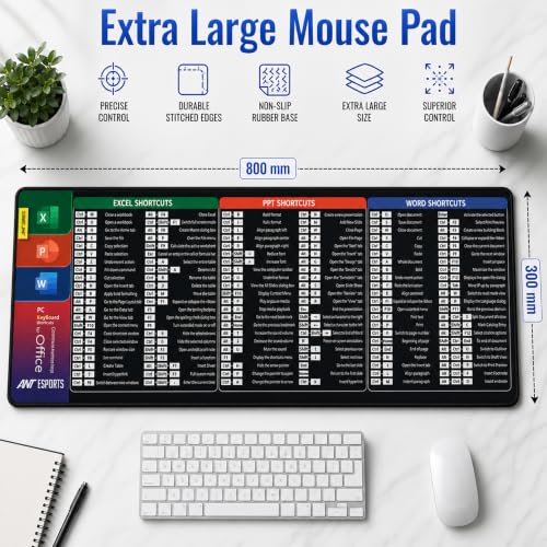 Image of Ant Esports Microsoft Office Shortcuts Mouse Pad 300 x 800 mm Extended Desk Pad for Excel Word PowerPoint Office Desk Mat Non-Slip Rubber Base Stitched Edges