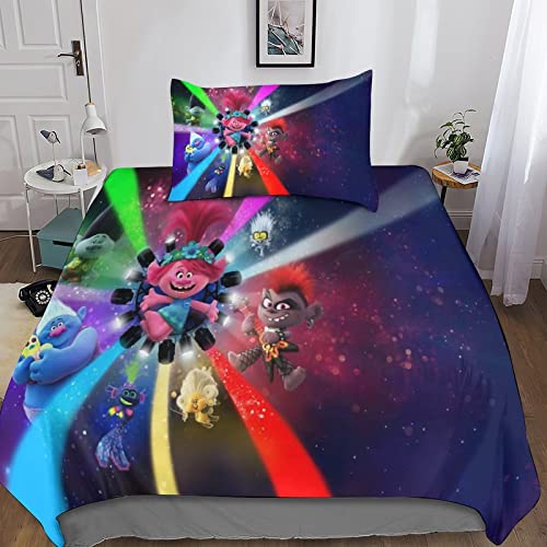 YINGB Trolls World Tour D Parure de lit en microfibre imprimée avec housse de couette et taies d'oreiller Trolls World Tour D avec fermeture éclair pour adulte 140 x...