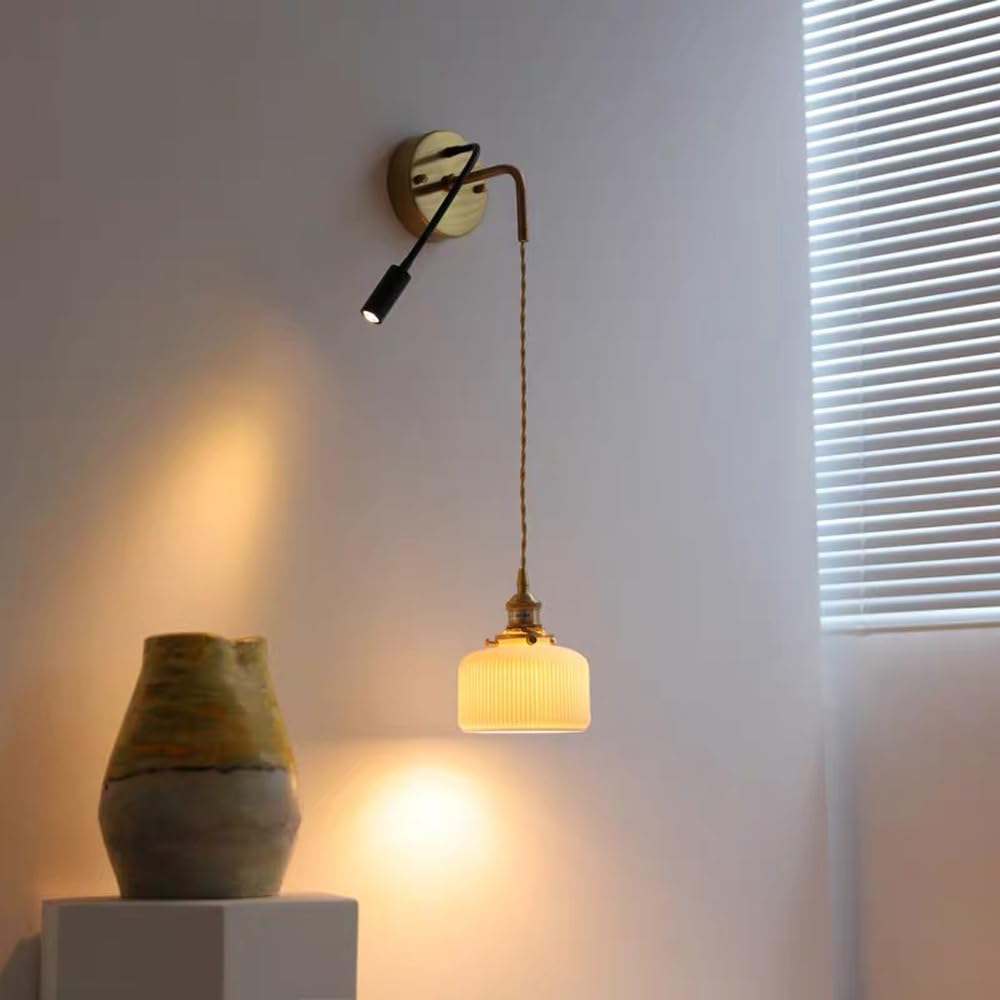 Applique da parete in ceramica retrò Lampada da lettura flessibile per montaggio a parete a LED Lampada da lettura a collo di cigno regolabile con paralume in ceramica a strisce bianche, Lampa