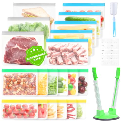 Ferenando 20 Pack Reusable Freezer Bags with Holder BPA Free Leakproof Food Storage Bags 4 Sizes Multipurpose Freezer Bags for Meal Prep Fruit Vegetable Grains-6 Sandwich 6 Snack 3 Gallon 5 Meat