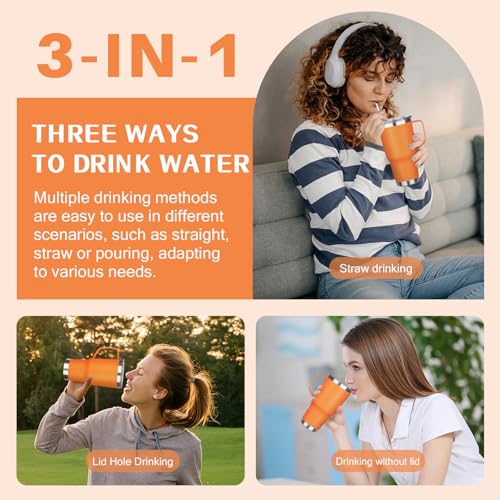 Image of 30 oz Tumbler with Handle, Stainless Steel Insulated Tumbler with Lid and Straw, Double Wall Vacuum Coffee Mug Tumbler, Insulated Coffee Thermal Cup for Cold and Hot (Orange)