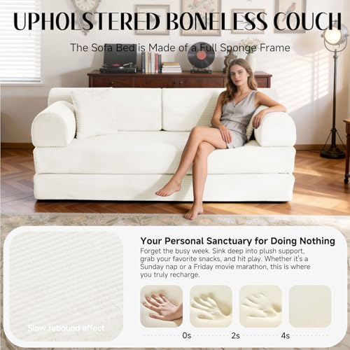 Image of 79'' Convertible Sofa Bed, 6 in 1 Folding Floor Futon Couch Sleeper with Fixed Frame, Corduroy Modular Sofa Bed with Removable Armrests & Pillows, No Assembly for Living Room Bedroom (Beige White)
