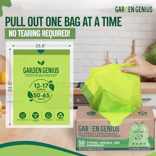 Image of Biodegradable 13-17 Gallon Code-Q Trash Bags (50 Pack) | Strong Heavy-Duty Tall Green Kitchen Bags w /Drawstring | Fits Simplehuman & Standard Cans | Eco-Friendly D2W, 30 Micron Thick | 25.6 inch x 33.5 inch