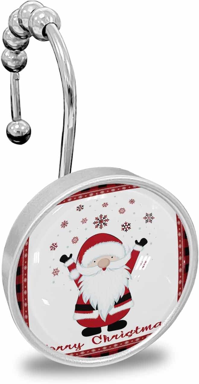 Shower Curtain Hooks 12 Pcs, Merry Christmas Gnome Elf Santa Claus Check Plaid Border Stainless Steel Rust Proof Rolling Shower Curtain Rings, Decorative Shower Curtain Hooks Hangers for Bathroom