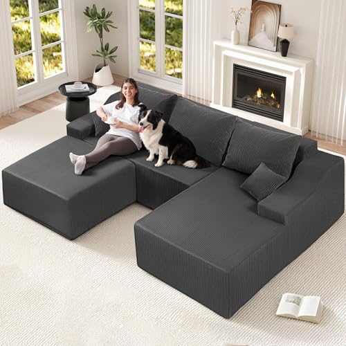 HABUTWAY U Shaped Modular Sectional Couch for Living Room, Modular Cloud Sofa with Ottoman, No Assembly Boneless Couches with Deep Seat, Corduroy Fabric (Grey, Right Facing)