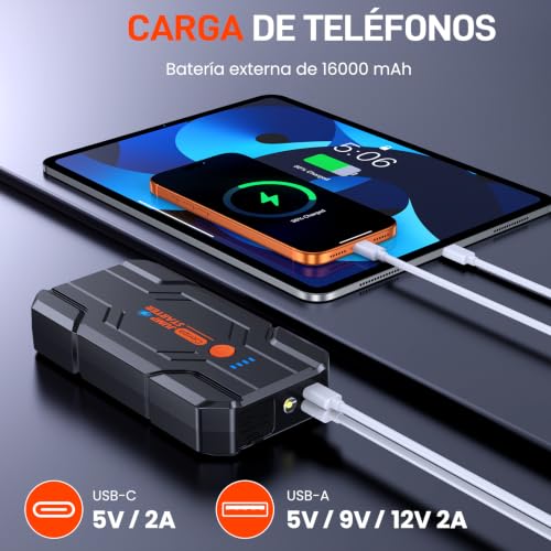 Miniatura 5 de Arrancador de Baterias de Coche 𝟏𝟒.𝟖𝐕- 𝟏𝟎𝟎𝟎𝟎𝐀 Jump Starter para Motor 9.0L Gas o 8.5L Diesel, Power Bank Portátil con Carga Rápida QC3.0, Linterna LED y Pinzas Inteligentes