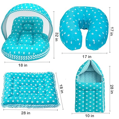 Image of Fareto Baby Bed | Carry Bag | Fedding Pillow | Hand Carry Bed | Combo of Bedding Essentials (Blue Crown)