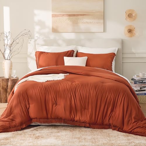 Image of Andency Comforter Full Size Set Burnt Orange, 3 Pieces Boho Terracotta Winter Lightweight Bedding Comforter Sets, All Season Rust Tassel Bed Set (79x90In Comforter & 2 Pillowcases)