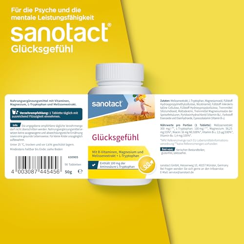 sanotact Glücksgefühl (90 Tabletten) • Natürlicher Stimmungsaufheller hochdosiert • Vitamin Tabletten mit Zitronenmelisse, Vitamin B Komplex, L-Tryptophan & Magnesium • B-Vitamine