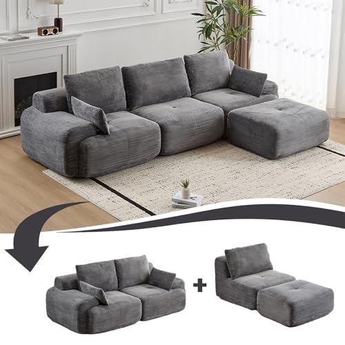 Image of L Shape Sofa Rearrangeable, Oversized Cloud Couch Sectional Modular Sofas with Detachable Ottoman, 4 Pillows and Deep Seat, Corduroy Boneless Couches Sets for Living Room, No Assembly Required, Grey