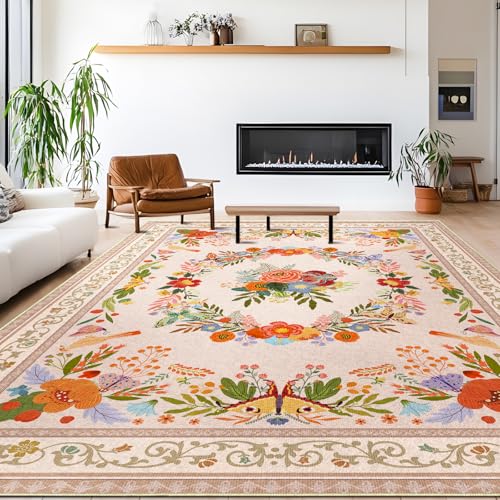 GthreeD Teppich Wohnzimmer Waschbarer 200x300 cm-Boho Kurzflor Teppich Großer Schlafzimmer-Orientalischer Vintage Weich rutschfest Design für Schlafzimmer,Esszimmer,Küchen,Blumen-Beige