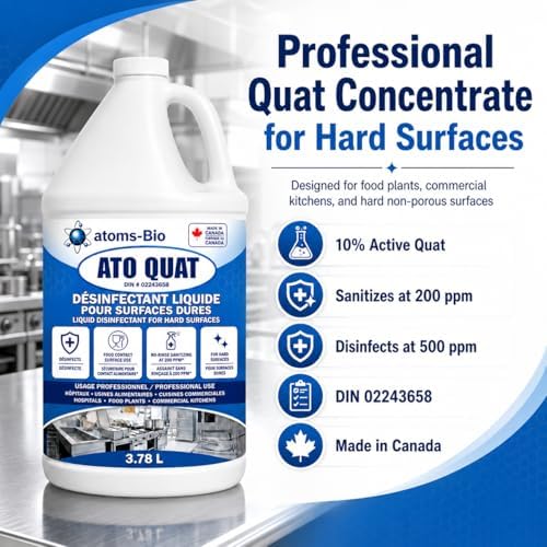 atoms-Bio Quat Sanitizer Concentrate No-Rinse Food Contact Surface and Restaurant Disinfectant CFIA and Health Canada DIN Approved Ato Quat 3.78 L - 1