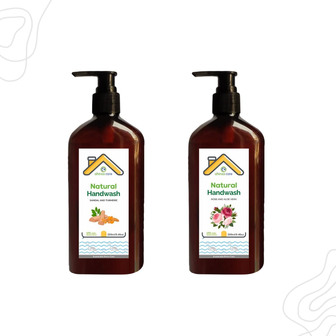 Gentle & Nourishing Natural Handwash | Pack of 2| Sandal and Turmeric| Rose and ALoeVera| 280ml Each | Plant-Based Formula, Moisturizing, Cleans Without Harsh Chemicals | Natural Fragrance