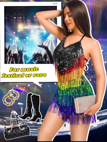 Image of Kaei&Shi Sequin Fringe Romper,Sparkly Glitter Metallic Jumpsuits For Women,Backless Shorts Dress Disco Birthday Dance Outfit