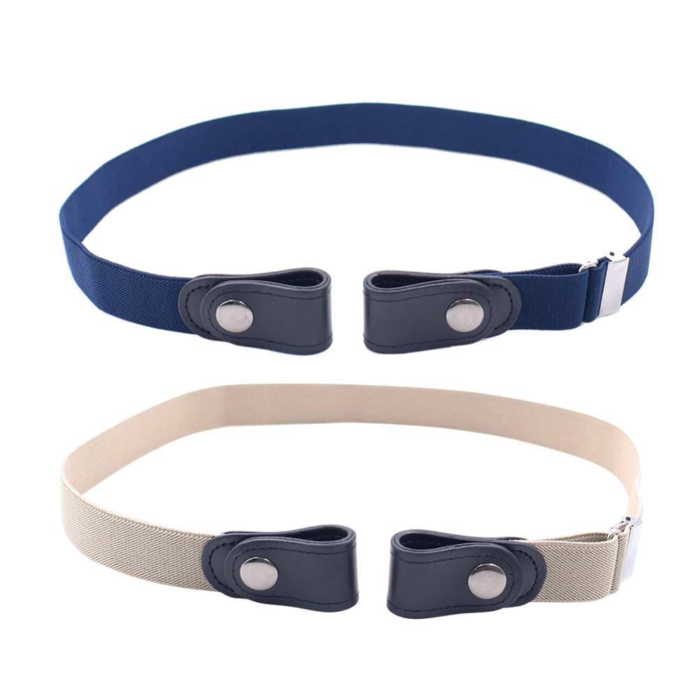 2pcs No Buckle Stretch Belt Adjustable Invisible Belt Elastic Belt No Bulge No Hassle Buckle- Pant Belt For Jeans Dresses Women Or Men Blue+Beige