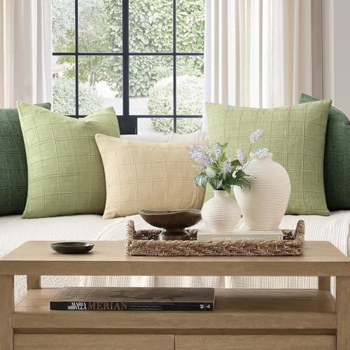 Image of Foindtower Set of 2 Decorative Linen Check Throw Pillow Covers Neutral Farmhouse Vintage Cushion Covers Cozy Modern Boho Accent Home Decor for Sofa Chair Couch Bed Living Room,14x36 Inch,Light Green