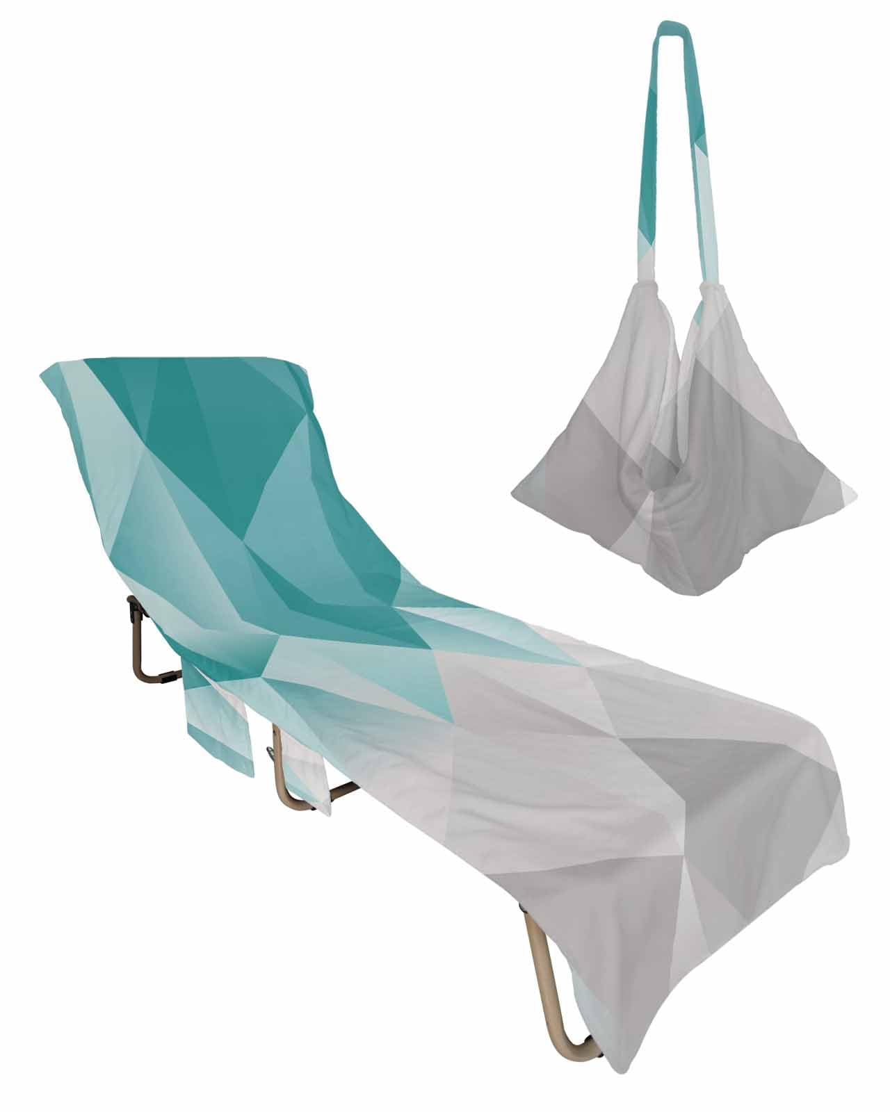 Geometric Turquoise Beach Chair Towel Covers for Chaise Lounge with Side Pocket, Soft Plush Pool Towels Cover for Patio Sunbathing Outdoor Pastel Contemporary Ombre Grey 29''x85''