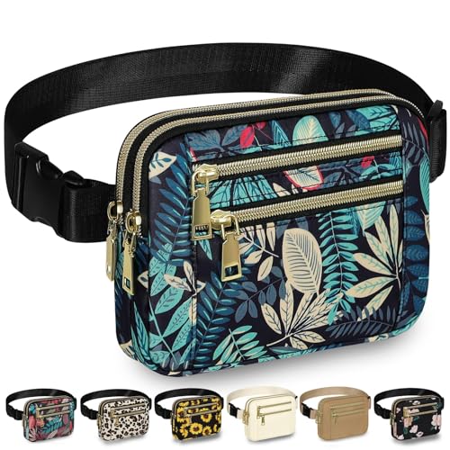 Image of Fanny Packs for Women 4 Zip Pocket Crossbody Belt Bag Waist Bags | Waterproof, Fashion Waist Pack, Crossbody Bags for Women, with Adjustable Strap, for Workout,Running,Traveling(Blue Leaves,M)