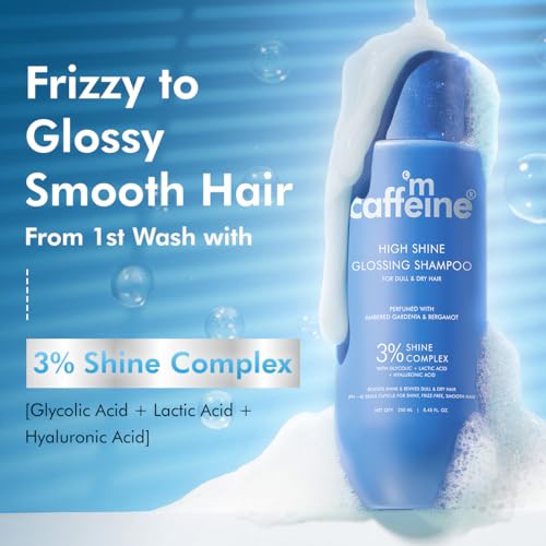 Image of mCaffeine High Shine Glossy Hair Shampoo For Dull, Dry & Frizzy Hair | 3% Shine Complex - With Glycolic Acid & Hyaluronic Acid | 48 Hr Frizz Control | Fresh Floral Fragrance | 250ml