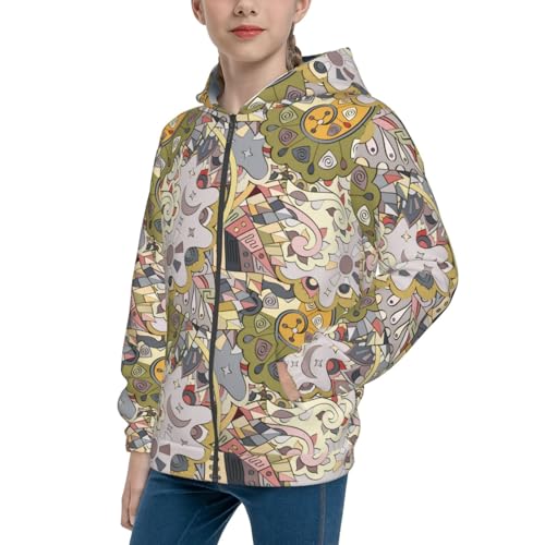 Ethnic Colorful Doodle Kid Hoodies Boys Zip Up Sweatshirts Girls Pullover with Pocket