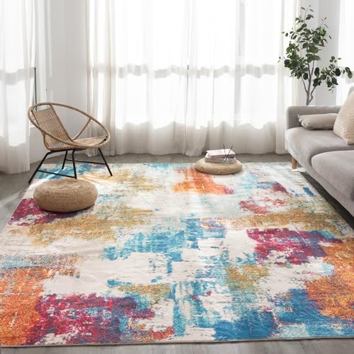 Carvapet Rugs for Living Room, Colorful Modern Abstract Low Pile Large Carpet with Rubber Backing, Foldable, Non Slip Machine Washable (9 x 6 Feet Rectangular, Red Area Rug)