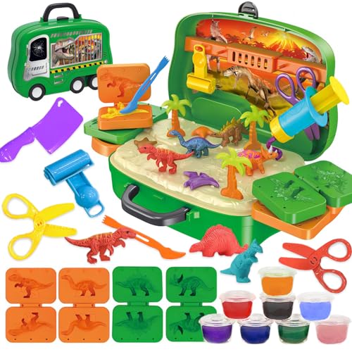 VBACALA Accessoires en pâte à Modeler, Set de pâte a Modeler Jouets Dinosaures dans Une Valise avec des Roues, Pâte à Modeler pour Enfants à partir de 3...