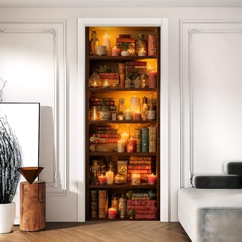 Image of Candlelit Bookshelf Door Sticker, Library Door Cover, 30.3x78.7in