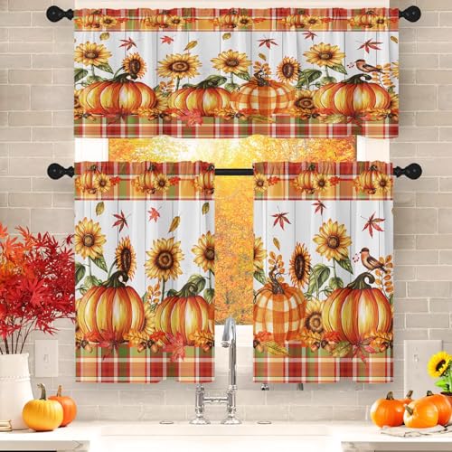 Orange Fall Kitchen Curtains Farmhouse Plaid Window Curtains Vala...