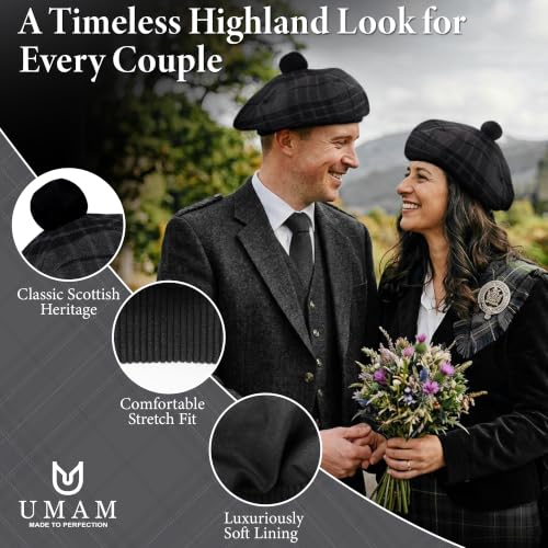Image of Scottish Tam O' Shanter Hat Tartan Bonnet Pom Pom Wool Flat Cap One Size