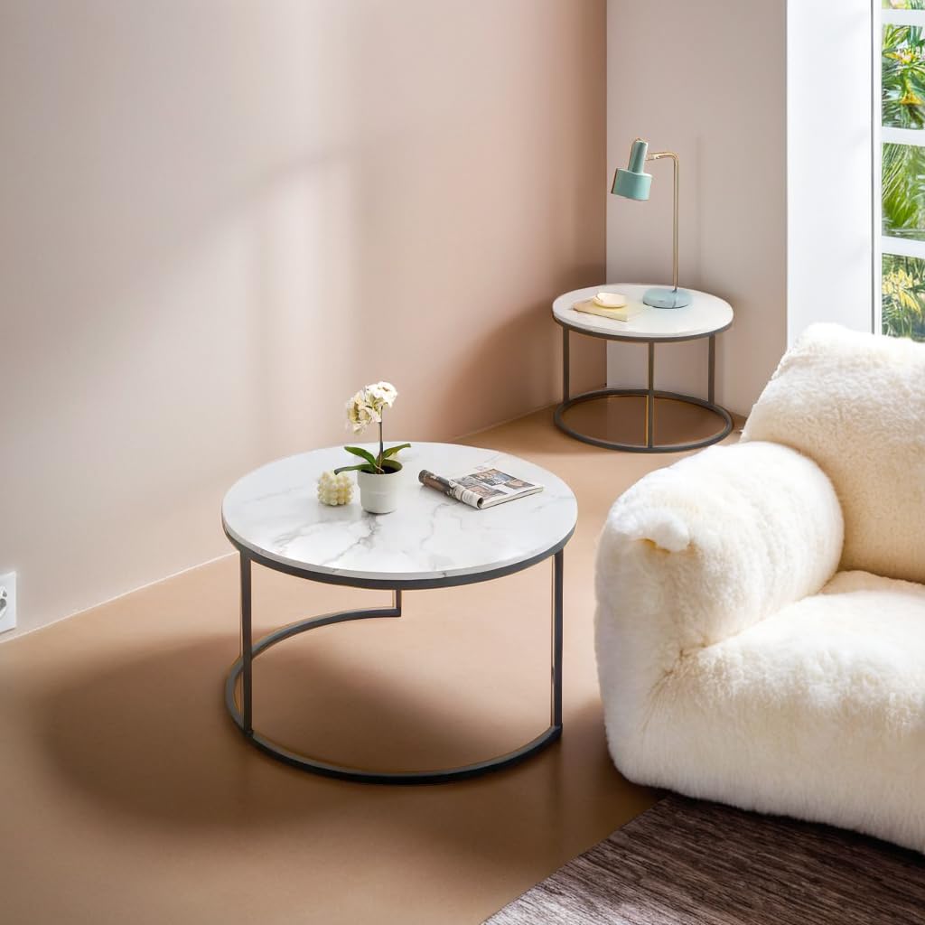Set di tavolini rotondi (2 pezzi) in marmo, due in uno, adatti per soggiorno, lounge, home office e terrazze ⌀80cm e ⌀60cm