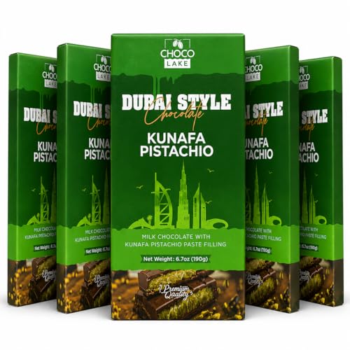 Choco Lake Dubai Style Chocolate – Kunafa Pistachio Bars, Milk Chocolate with Pistachio Paste Filling, Premium Middle Eastern Dessert, 5 Pack (6.7 oz Each), Gourmet Sweet Gift Box