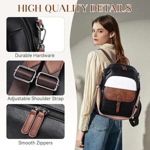 Image of RAVUO Backpack Purse, Fashion Vegan Leather Women Bakcpack Designer Ladies Handbag for Work Travel College,Black and Brown-Meduim