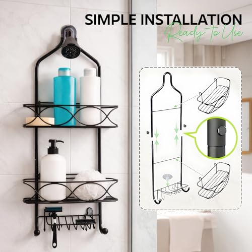 Image of MIORAH Hanging Shower Caddy for Bathroom Aluminium | Bathroom Organiser Without Drill | Bathroom Accessories Storage Organizer Black