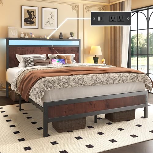 Image of Fluest Full Bed Frame with Headboard & Footboard, Full Bed Frame with Built-in Charging Station & LED Light, Storage Shelf, Noise-Free, No Box Spring Needed, Easy Assembly, Coffee Brown