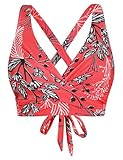 Firpearl Women's Underwire Crop Swim Top Criss Cross V Neck Swimsuits Push Up Bathing Suit Tie Back Bikini Red Floral US16-18
