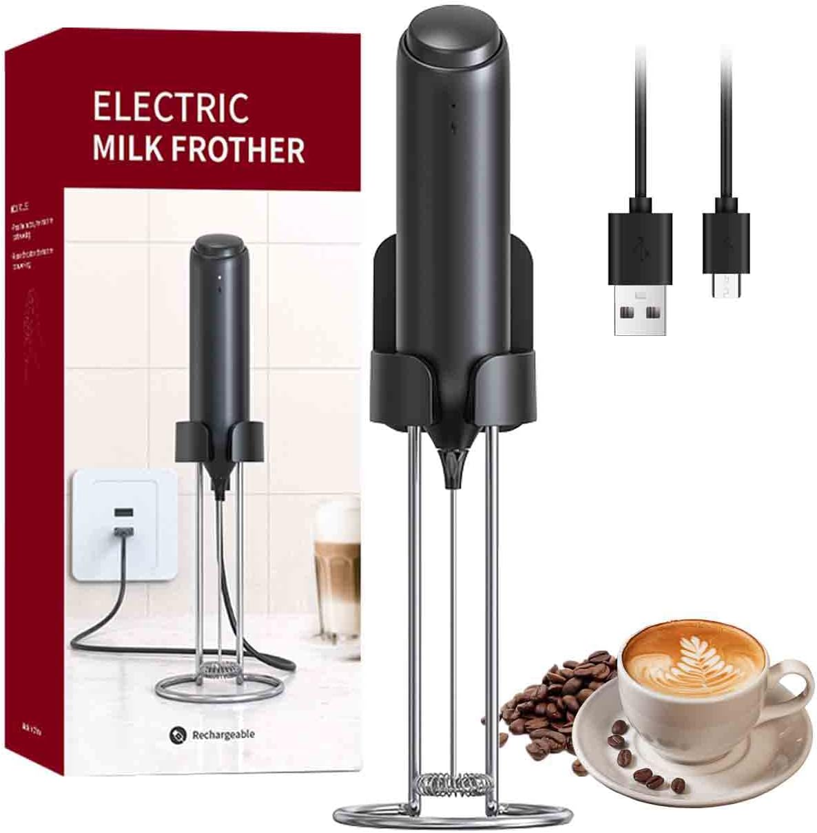 Elektrischer Milchaufschäumer USB - Edelstahl Mit 3 Aufsätzen Und 2 Geschwindigkeiten