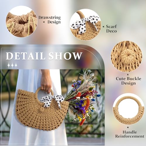 Image of YYW Straw Bags for Women,Hand-woven Straw Top-handle Bag with Round Ring Handle Summer Beach Rattan Tote Handbag