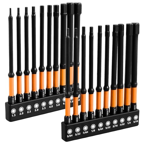 Lot de 20 embouts hexagonaux pour perceuses à percussion (SAE et métrique), embouts hexagonaux en acier S2 à tige hexagonale de 6,35 mm, plage SAE de 5/64" à 5/16", plage métrique de 1,5 mm à 8 mm