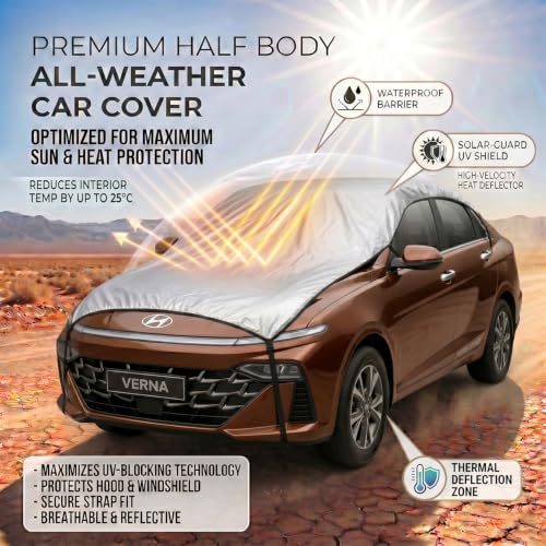 Image of Pivalo Half Car Body Cover for Sedan Cars (All Models & Years) | 100% Waterproof Outdoor UV & Heat All Weather Protection | Triple Stitched 3 Layer with Adjustable Straps Cover (Reflective Silver)