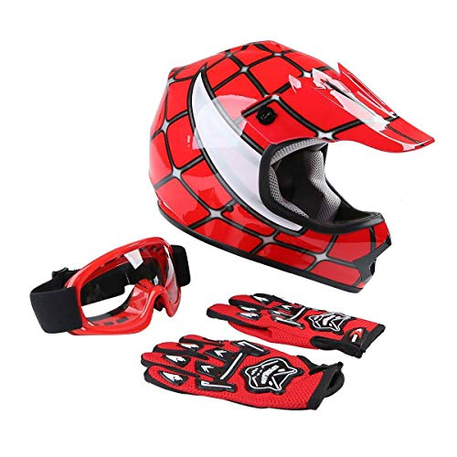 Slmoto Dot Approved Youth Kids Bmx Mx Atv Off-Road Dirt Bike Helmet Motorcycle Helmet Dirt Bike Motocross Downhill Mountain Bike Red Spider Helmet+Goggles+Gloves #TOP3