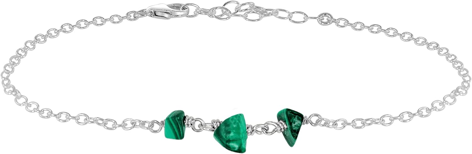 Malachite Beaded Chain Anklet in Sterling Silver