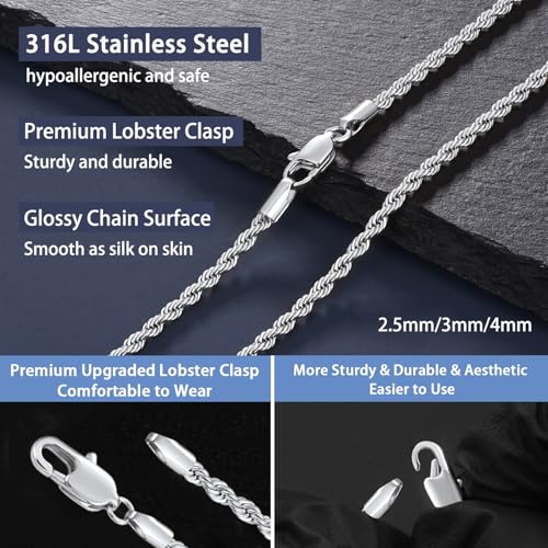 Jewlpire 2.5mm 3mm 4mm Rope Chain Necklace for Men, Silver Tone Mens Chain Necklaces, Stainless Steel Necklace Chains for Men, 18 20 22 24 26 Inch3
