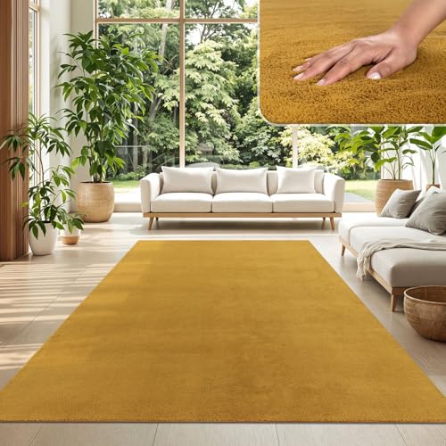 TT Home Wohnzimmer Teppich Kurzflor Anti-Rutsch Rückseite Unifarben Modern Waschbar, Farbe: Dunkelgelb Senfgelb, Größe:140x200 cm TT Home Wohnzimmer Teppich Kurzflor Anti-Rutsch Rückseite Unifarben Modern Waschbar, Farbe: Dunkelgelb Senfgelb, Größe:140x200 cm