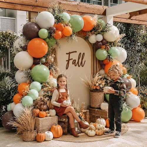 Image of Dusty Green Orange Brown Fall Color Balloon Arch Garland Kit | Double Stuffed Burnt Orange Coffee Beige Balloons for Boho Birthday Thanksgiving Autumn Neutral Baby Shower Party Decor