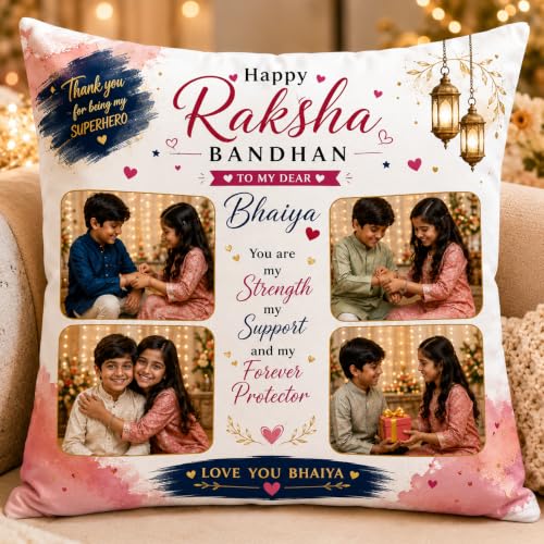 Image of Personalized Photo Pillow 12x12 Inch Cushion with Cover & Filler - Custom Gift for Birthday, Anniversary, Couple, Girlfriend, Boyfriend, Husband, Wife, Friends. (RakhiPilow-05)