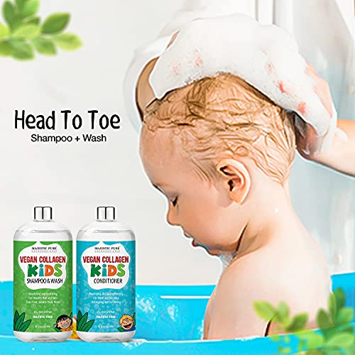 Majestic Pure Kids Shampoo Conditioner Set - with Vegan Collagen- Kids Shampoo and Body Wash - Sulfate Free - Tear & Tangle Free Formula with Naturally Derived Ingredients - Made in USA -16 fl oz each