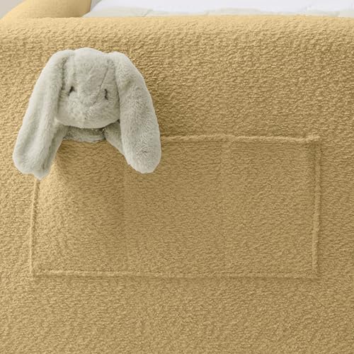 Image of KEIKI Twin Size Upholstered Platform Bed Frame with Guardrail, Slat, Yellow | Boucle Platform Bed with Cute Rabbit Ear Shaped Headboard, Pocket, for Boys and Girls, No Box Spring Required, Easy Assembly