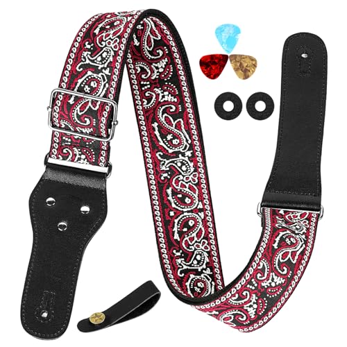Musiin Guitar Strap Classic Style Pattern Guitar Strap Set for Bass, Electric & Acoustic Guitar (Black & Red)