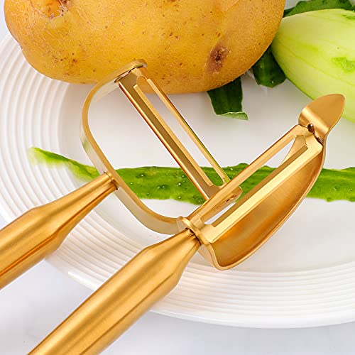 Color Me! 188 Stainless Steel Swivel Vegetable Peelers Y-Shaped And P-Shaped Potato Peelers With Potato Eye Remover Kitchen Peeler For Fruits, Cucumber, Carrot, Dishwasher Safe(2Pcs)(Gold) #TOP6
