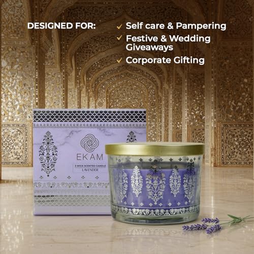 Image of EKAM 2025-26 Festive Fragrance Gift| Scented 3 Wick Candle| Lavender | Inspired by Sheesh Mahal | 28-Hour Burn | Essential Oil Infused | Gift Box for Festive Celebrations, Weddings, Giveaways, etc.